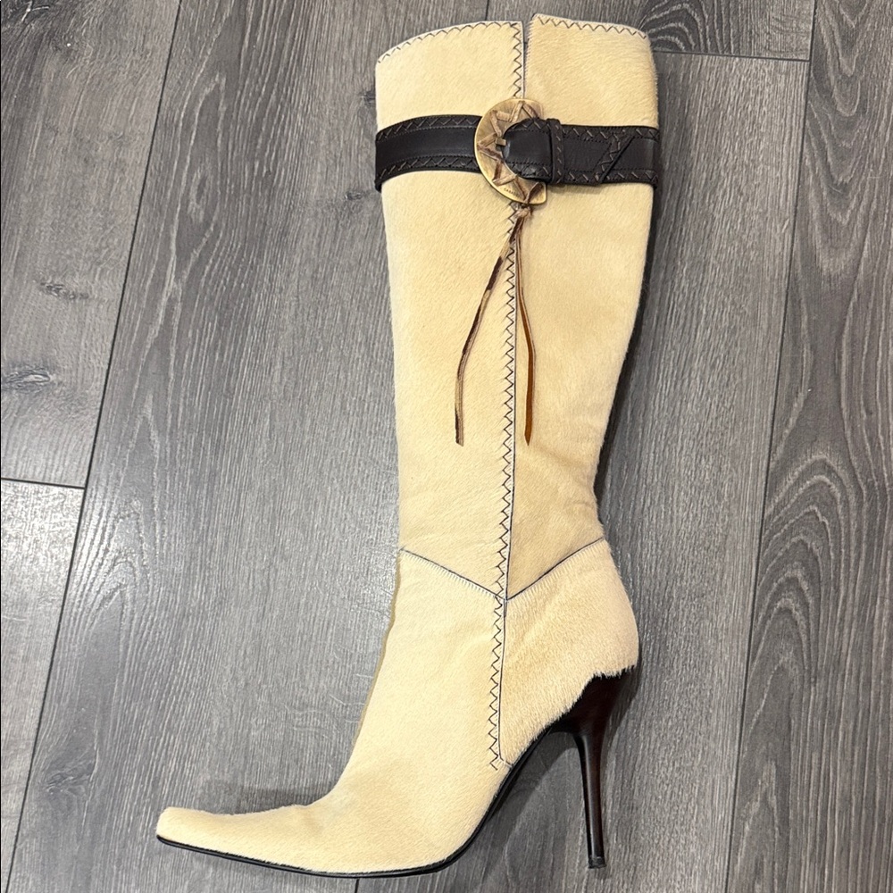 Casadei Ivory Pony Fur Knee High Boots With Brown Leather Strap Buckle